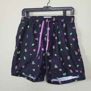 Tipsyelves Mens Black Floral Flat Front Drawstring Waist Swim Shorts Size Medium